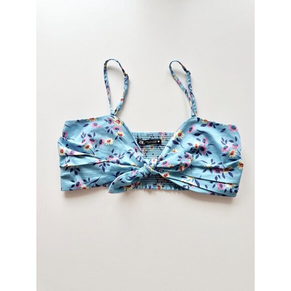 ZARA Blue Floral Cotton Sateen Tie Front Cropped Tank Top, Size S - Picture 2 of 13